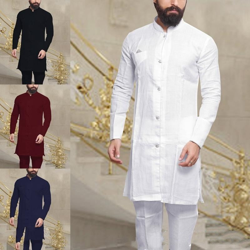 Men Muslim Middle Eastern Long Shirt Linen Button