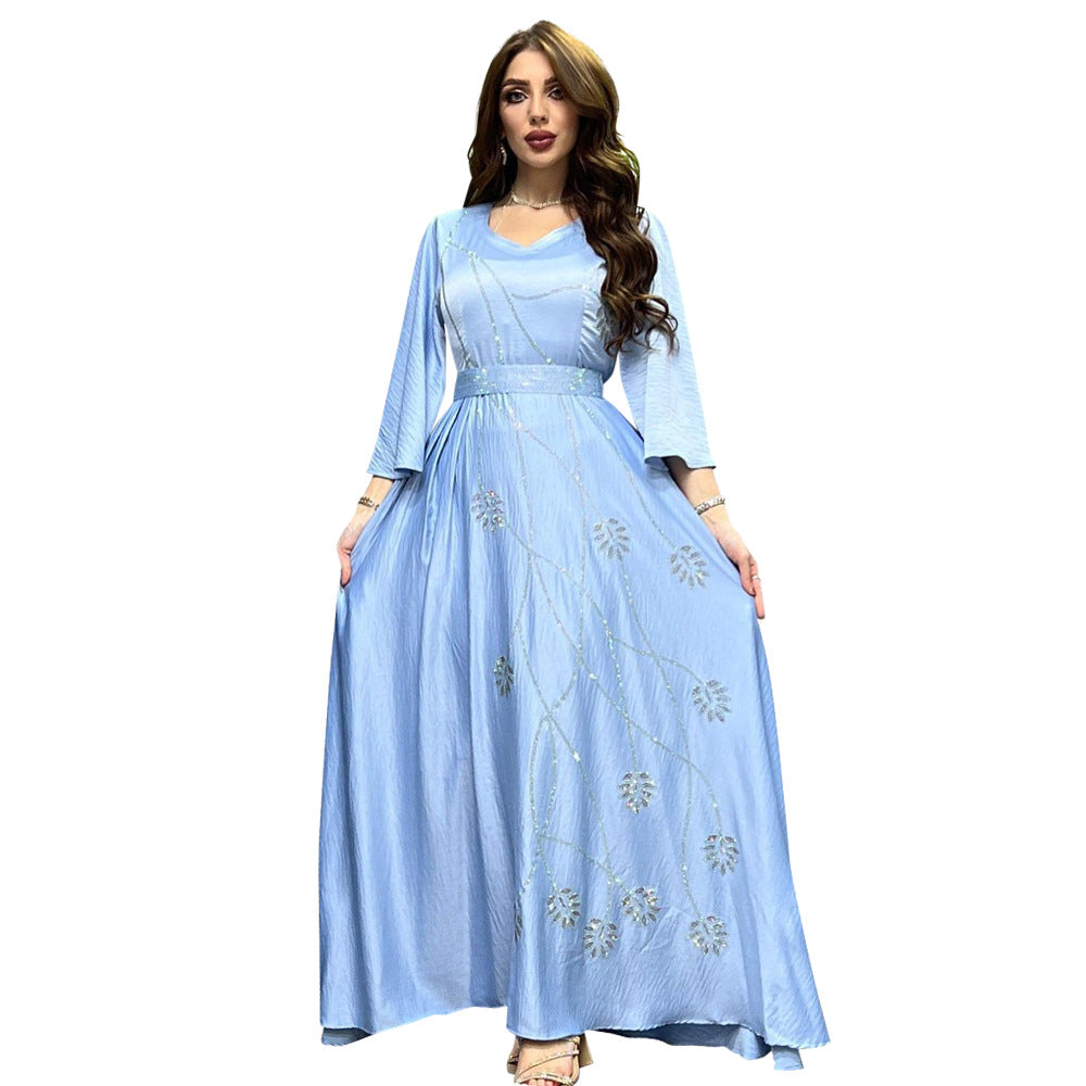 Muslim Leaves Pattern Rhinestone Belt Dubai Robe Gown