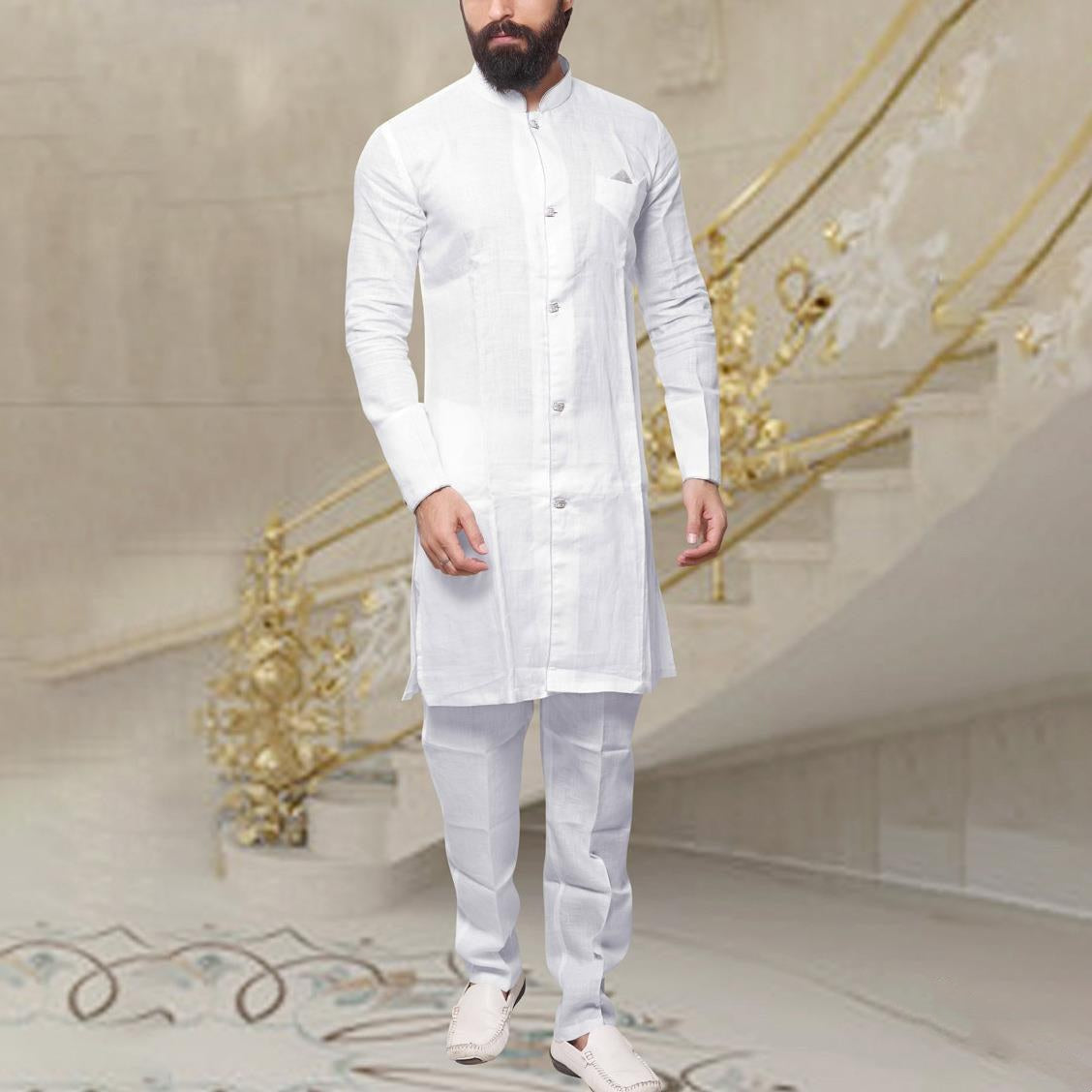 Men Muslim Middle Eastern Long Shirt Linen Button