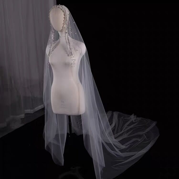 Pearl Rhinestone Bridal Wedding Veil Long Trailing