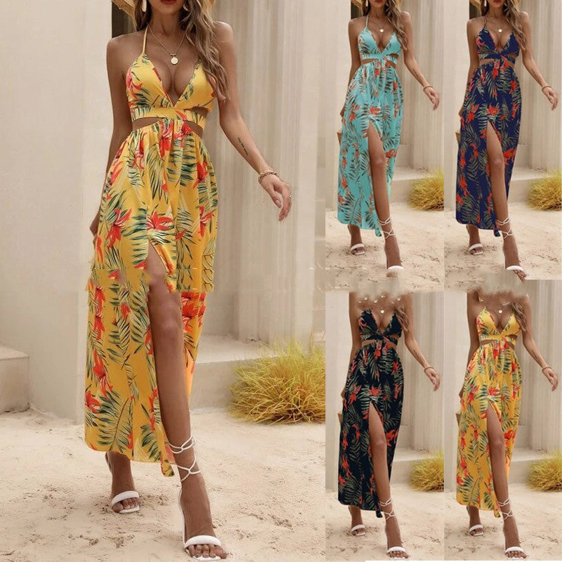 Women's Printed Backless Bow Slit Dress