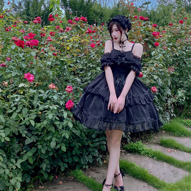 Originale Lolita Harajuku Bow Splicing Black Dress Hot Girl Fashion Kawaii Sweet Dress