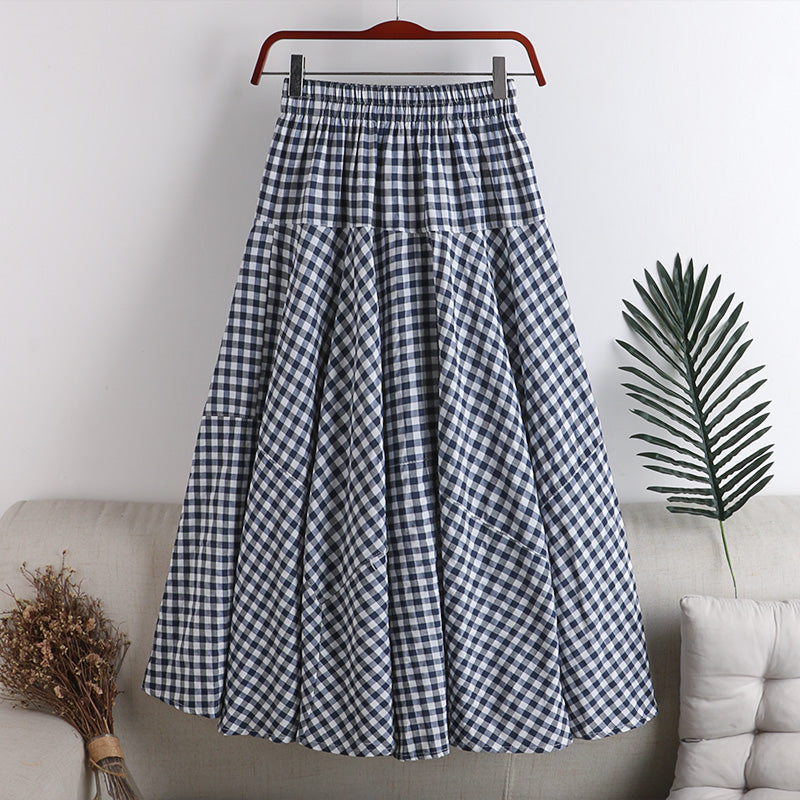 High Waist Slimming Elastic Waist Irregular Stitching Plaid Skirt