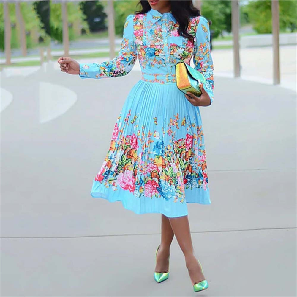 Spring And Summer Fashion Shirt Collar Big Sun Pleated One-Piece Skirt