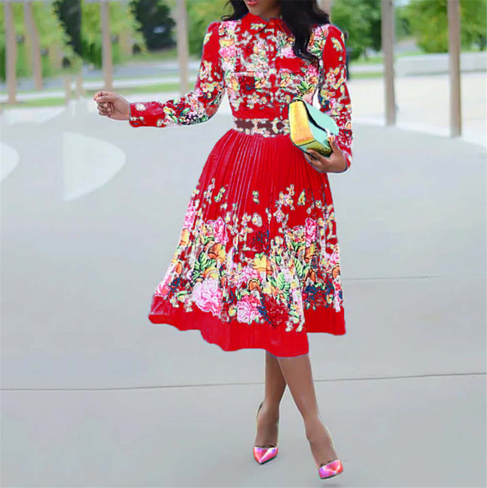 Spring And Summer Fashion Shirt Collar Big Sun Pleated One-Piece Skirt