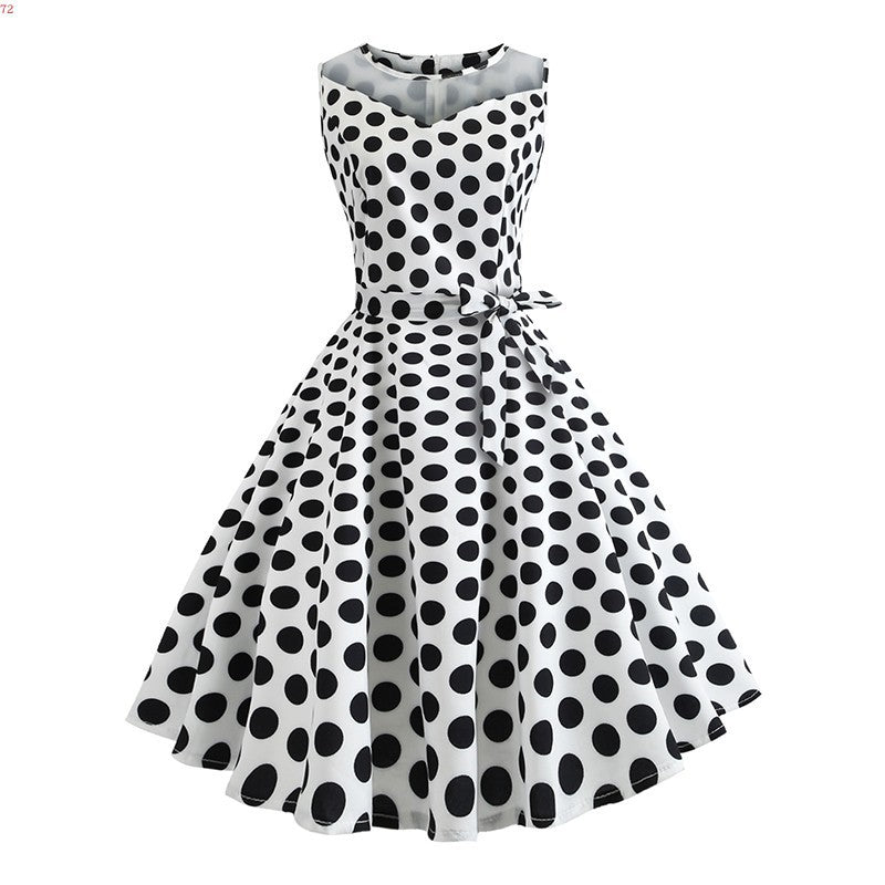 Retro Hepburn Style Mesh Stitching Polka Dot Dress