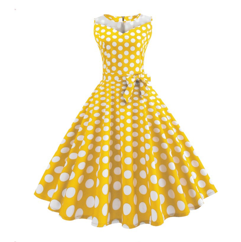 Retro Hepburn Style Mesh Stitching Polka Dot Dress