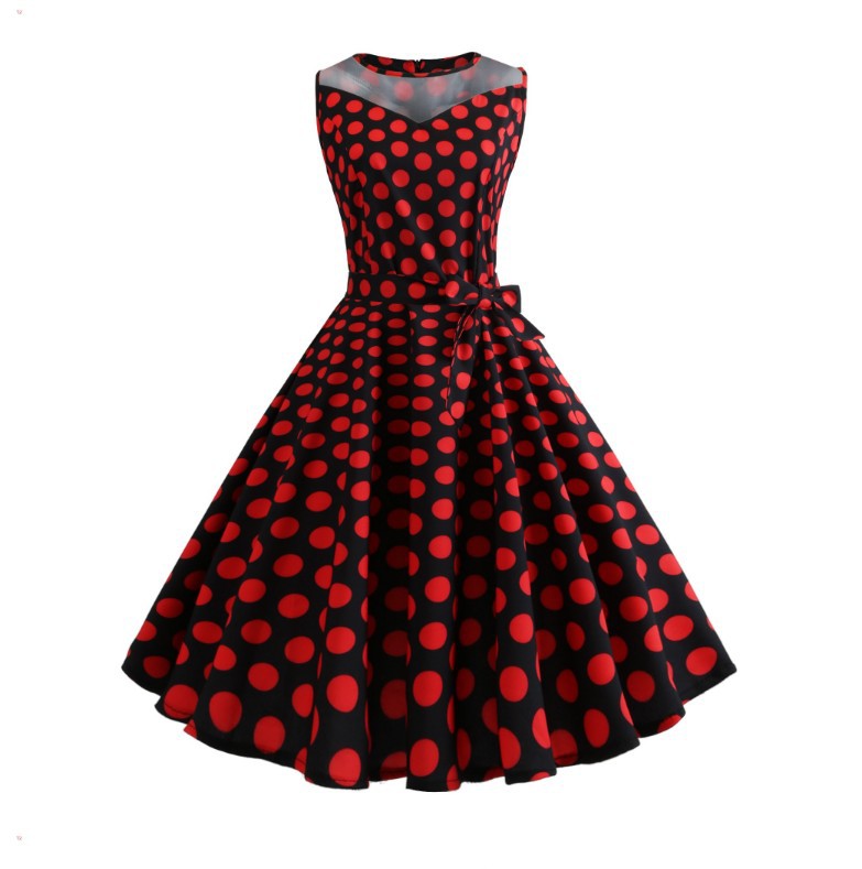 Retro Hepburn Style Mesh Stitching Polka Dot Dress