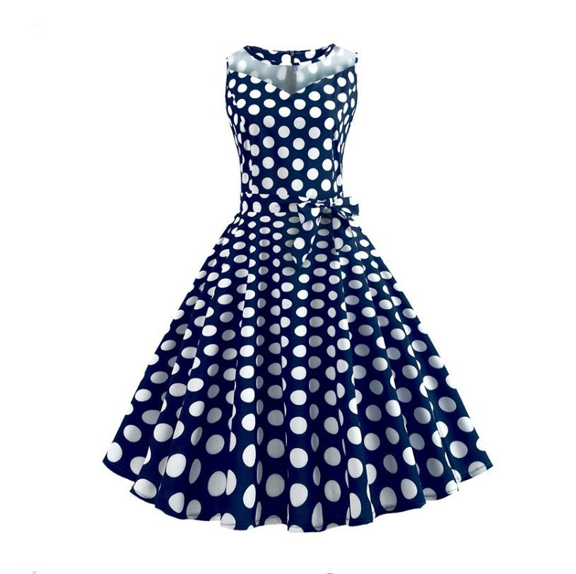 Retro Hepburn Style Mesh Stitching Polka Dot Dress