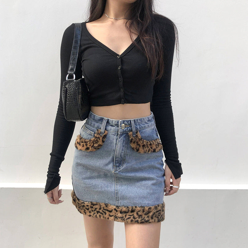 New Women's Skirt Ins European And American Style Fashion Leopard Print Hairy Color Matching Hip Denim Skirt Female Casual A-Line Skirt