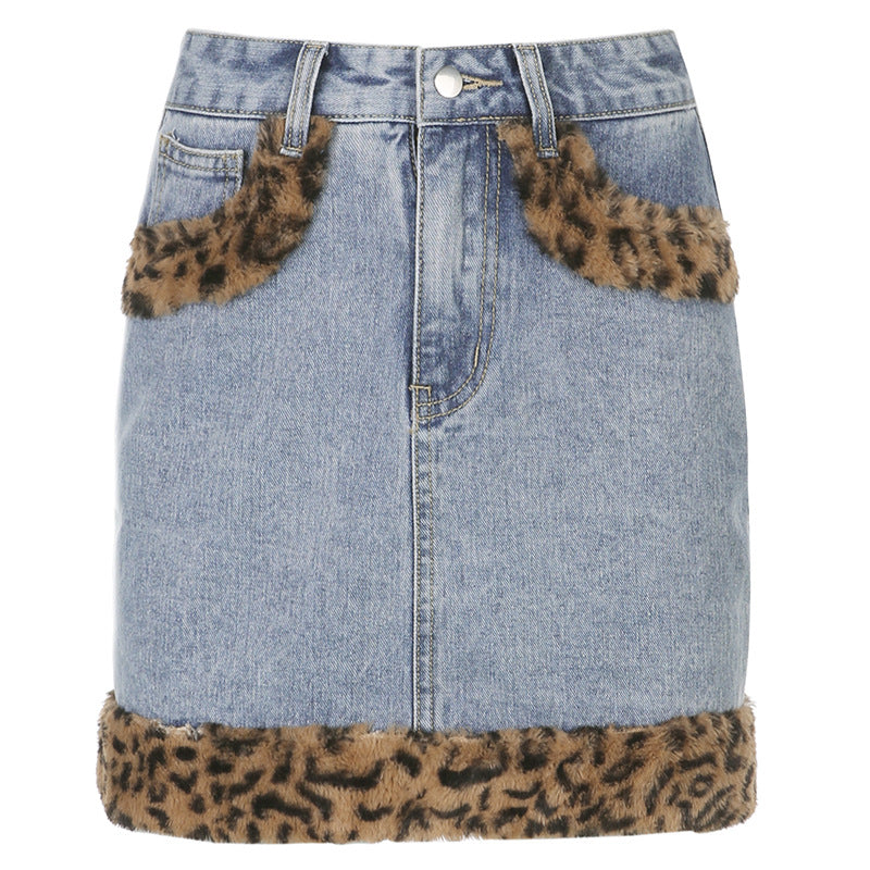 New Women's Skirt Ins European And American Style Fashion Leopard Print Hairy Color Matching Hip Denim Skirt Female Casual A-Line Skirt