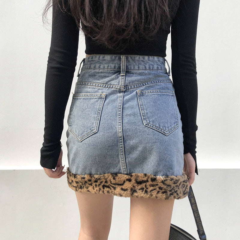 New Women's Skirt Ins European And American Style Fashion Leopard Print Hairy Color Matching Hip Denim Skirt Female Casual A-Line Skirt