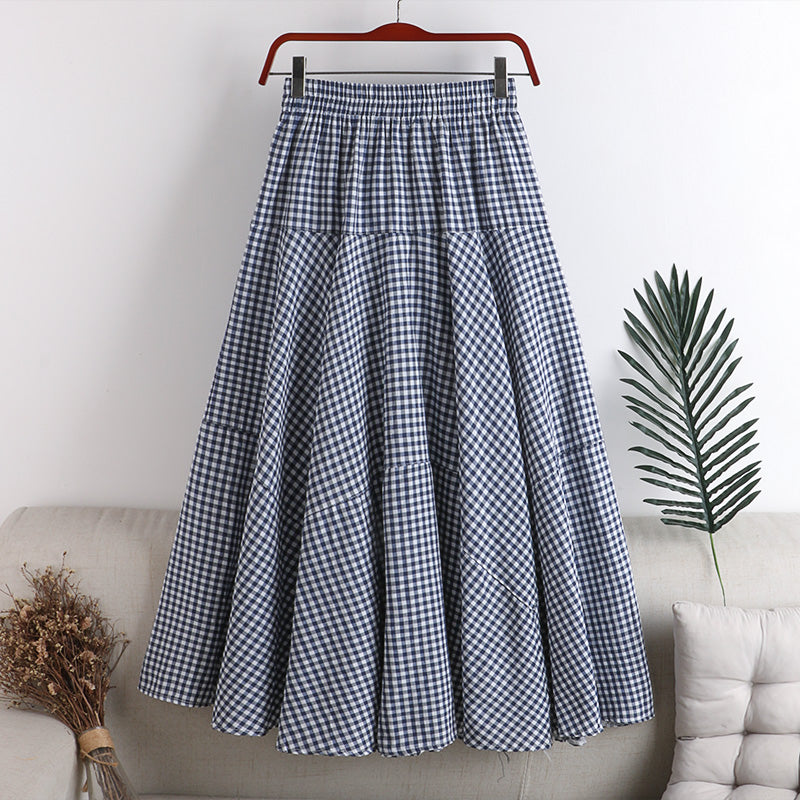 High Waist Slimming Elastic Waist Irregular Stitching Plaid Skirt