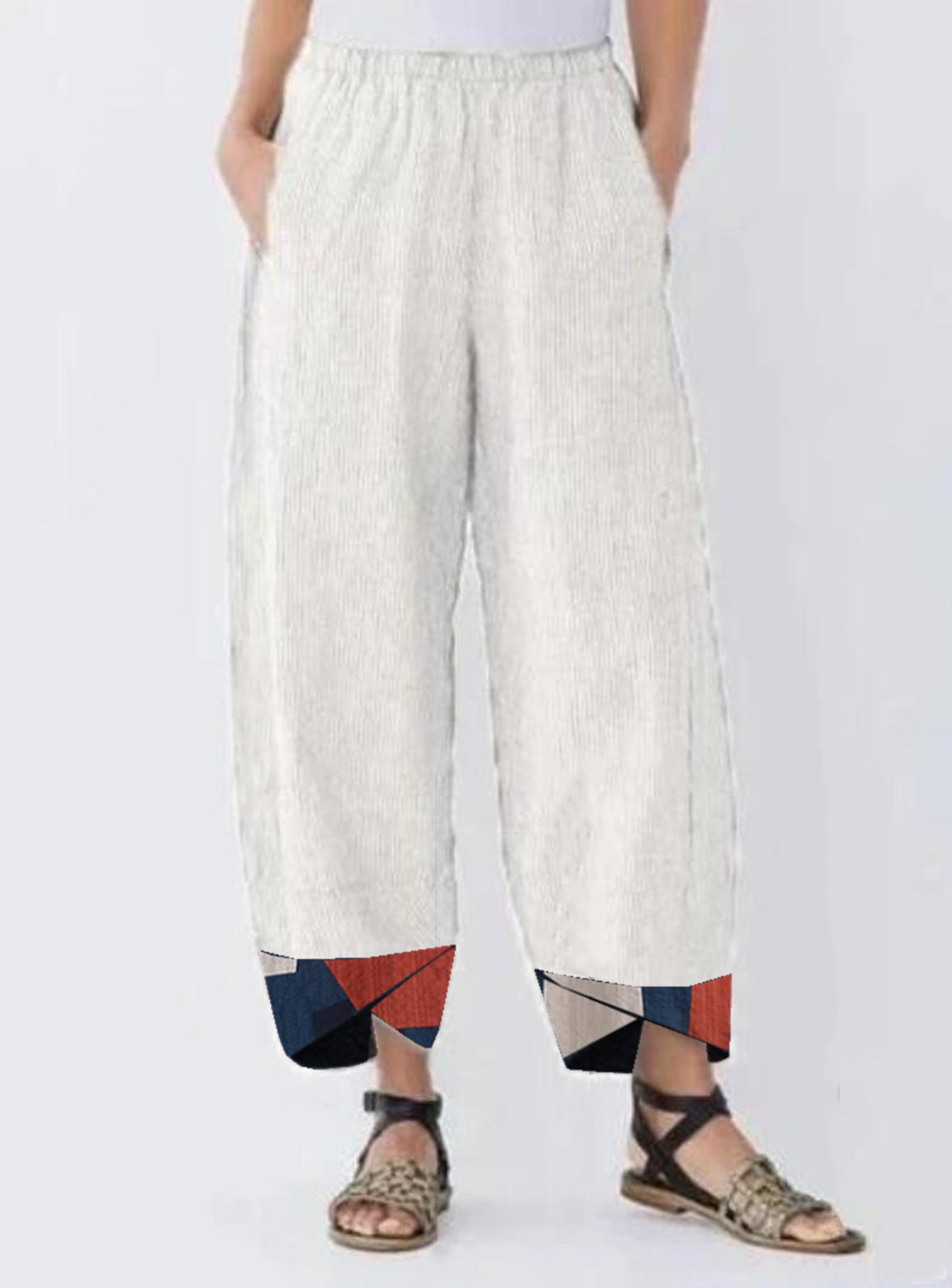 Ladies Casual Pants Positioning Printed Cotton And Linen Trousers