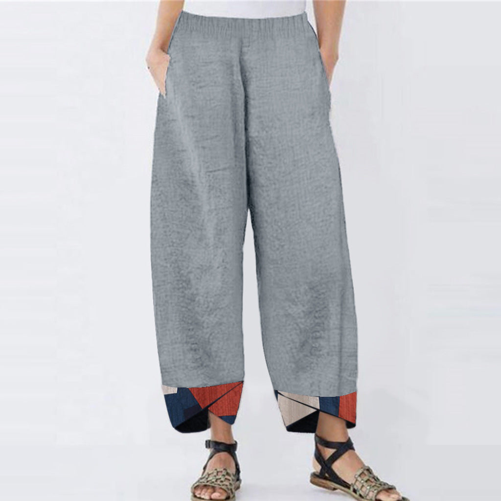 Ladies Casual Pants Positioning Printed Cotton And Linen Trousers