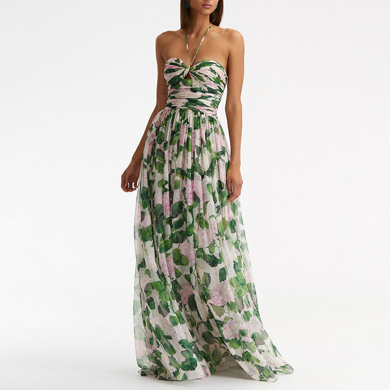 Green Floral Sling Ladies Dress Temperament