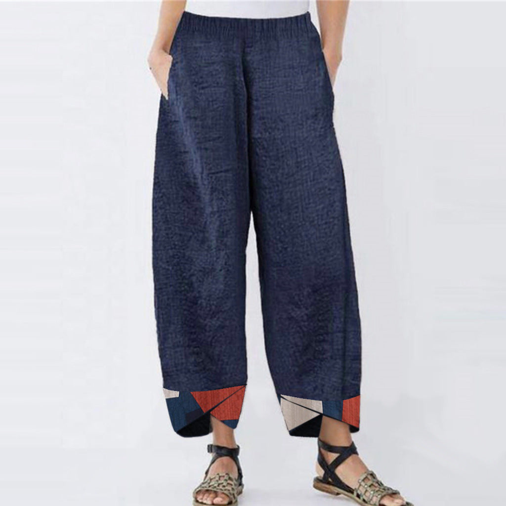 Ladies Casual Pants Positioning Printed Cotton And Linen Trousers