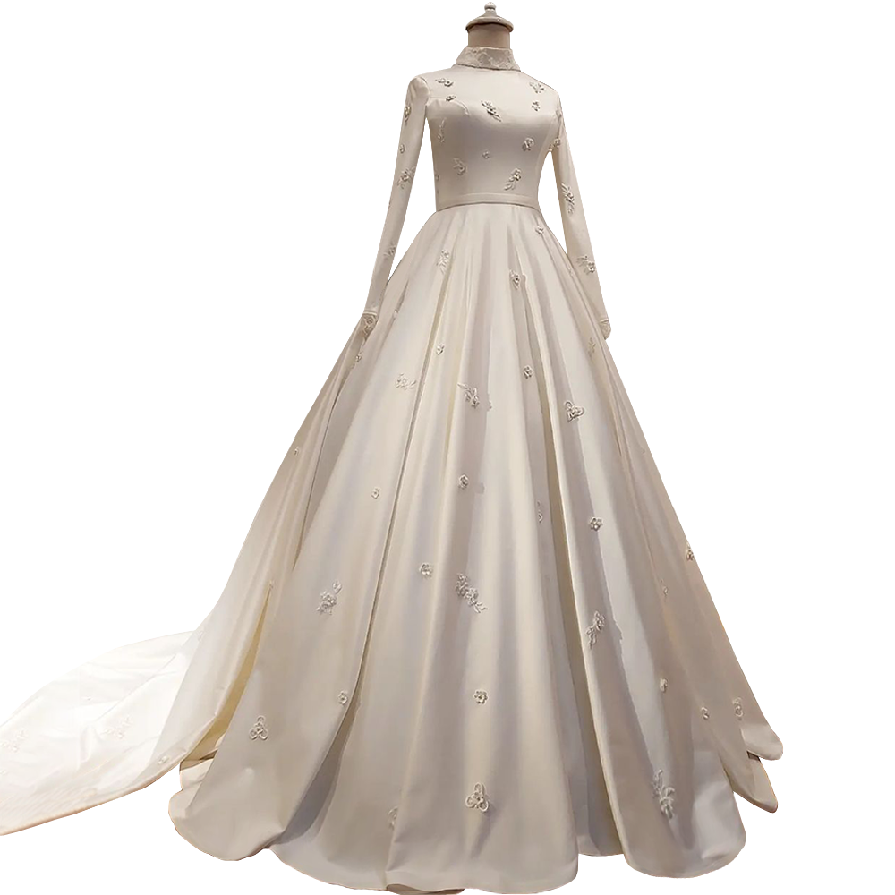 Women's Fashion Temperament Satin Stand-up Collar Long-sleeved Wedding Dresses