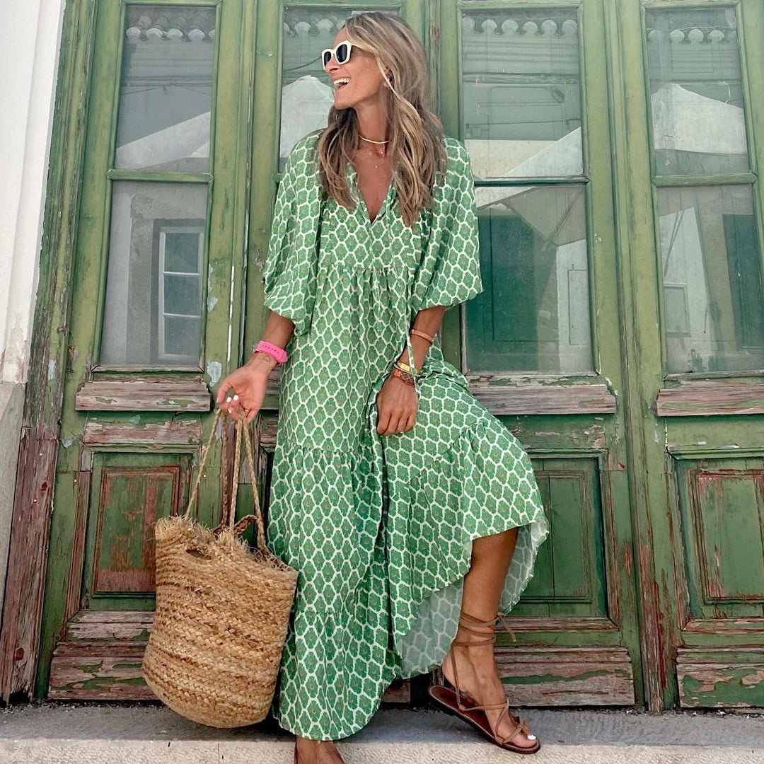 Summer Women's Vintage Printed Bohemian Dress Elegant Ladies Casual Loose V-Neck Half Sleeve Maxi Dresses