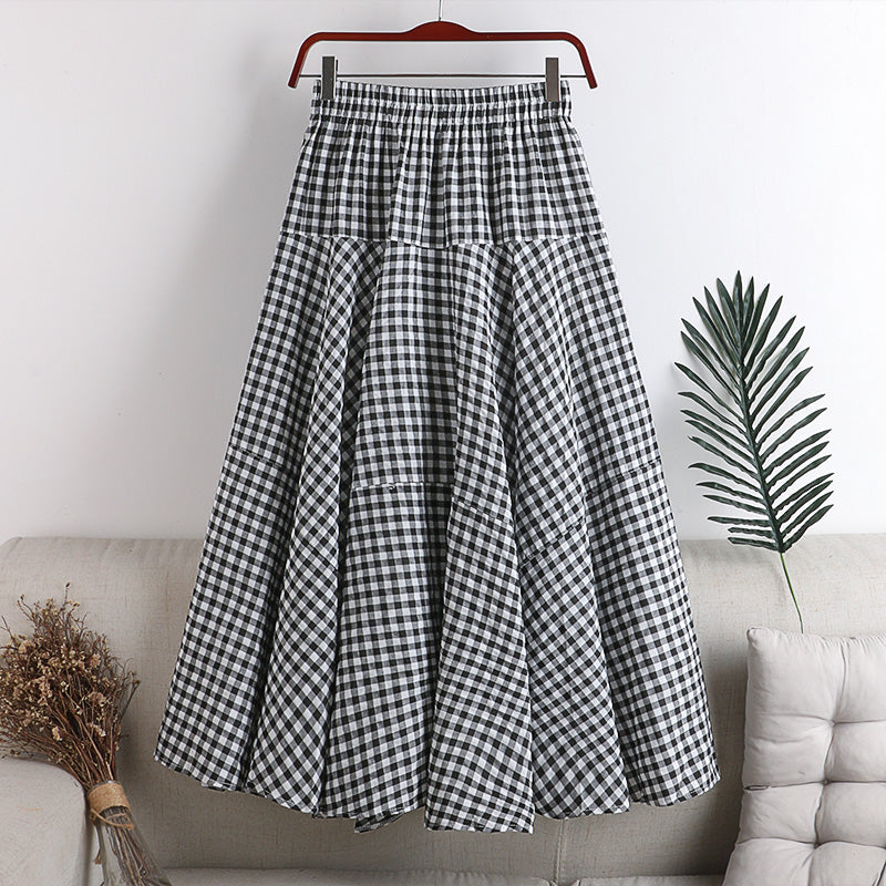 High Waist Slimming Elastic Waist Irregular Stitching Plaid Skirt