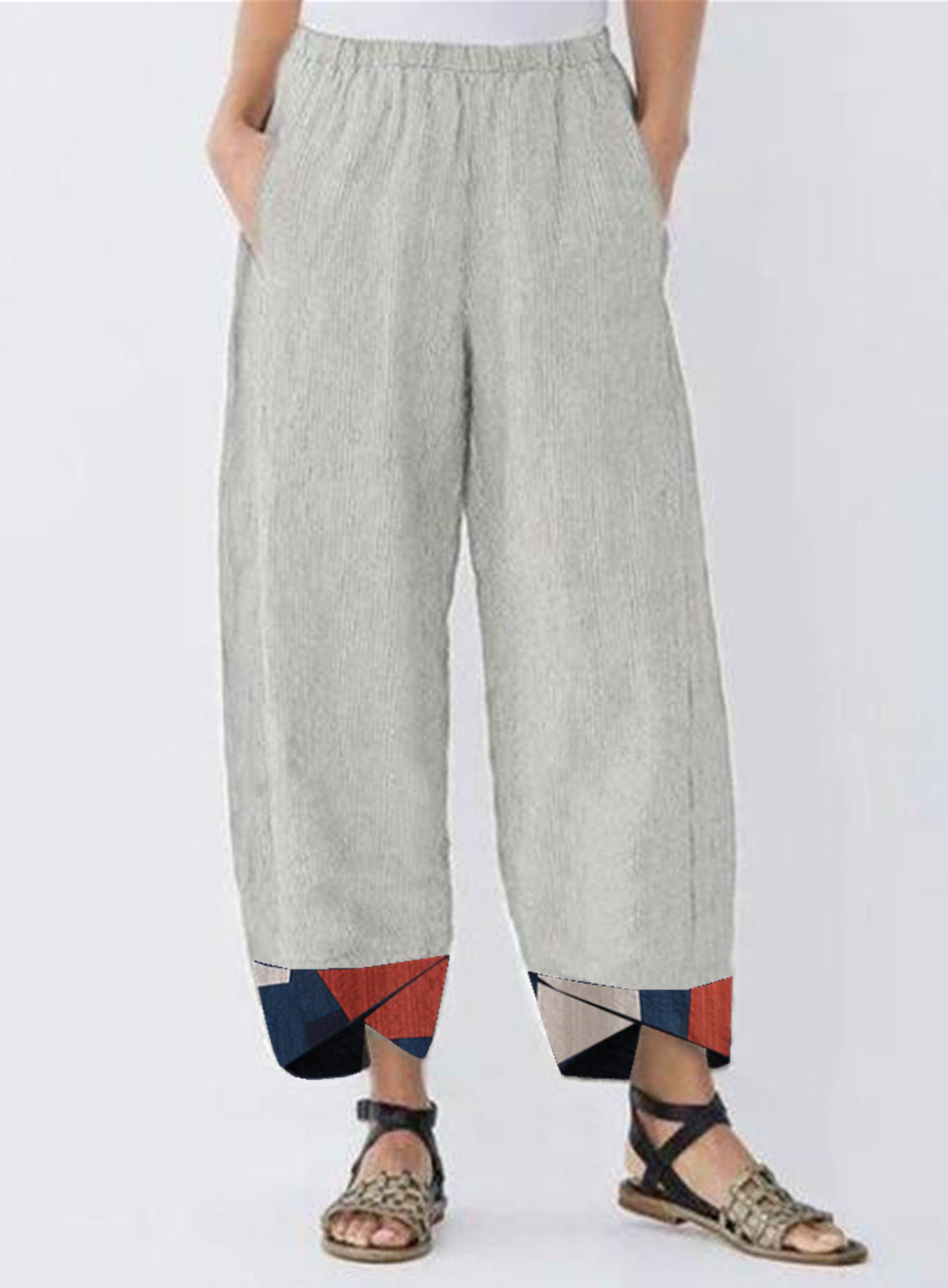 Ladies Casual Pants Positioning Printed Cotton And Linen Trousers