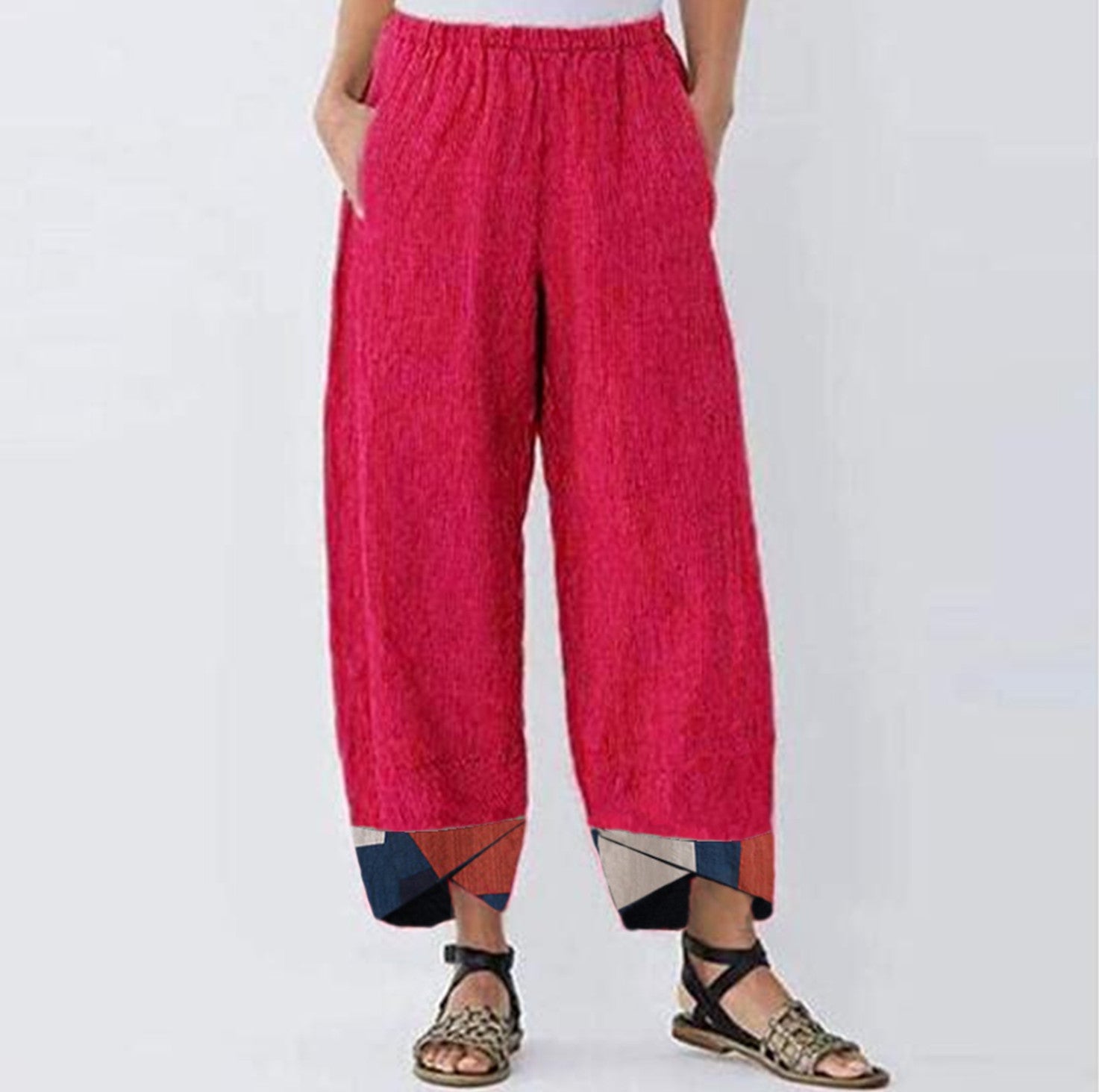 Ladies Casual Pants Positioning Printed Cotton And Linen Trousers