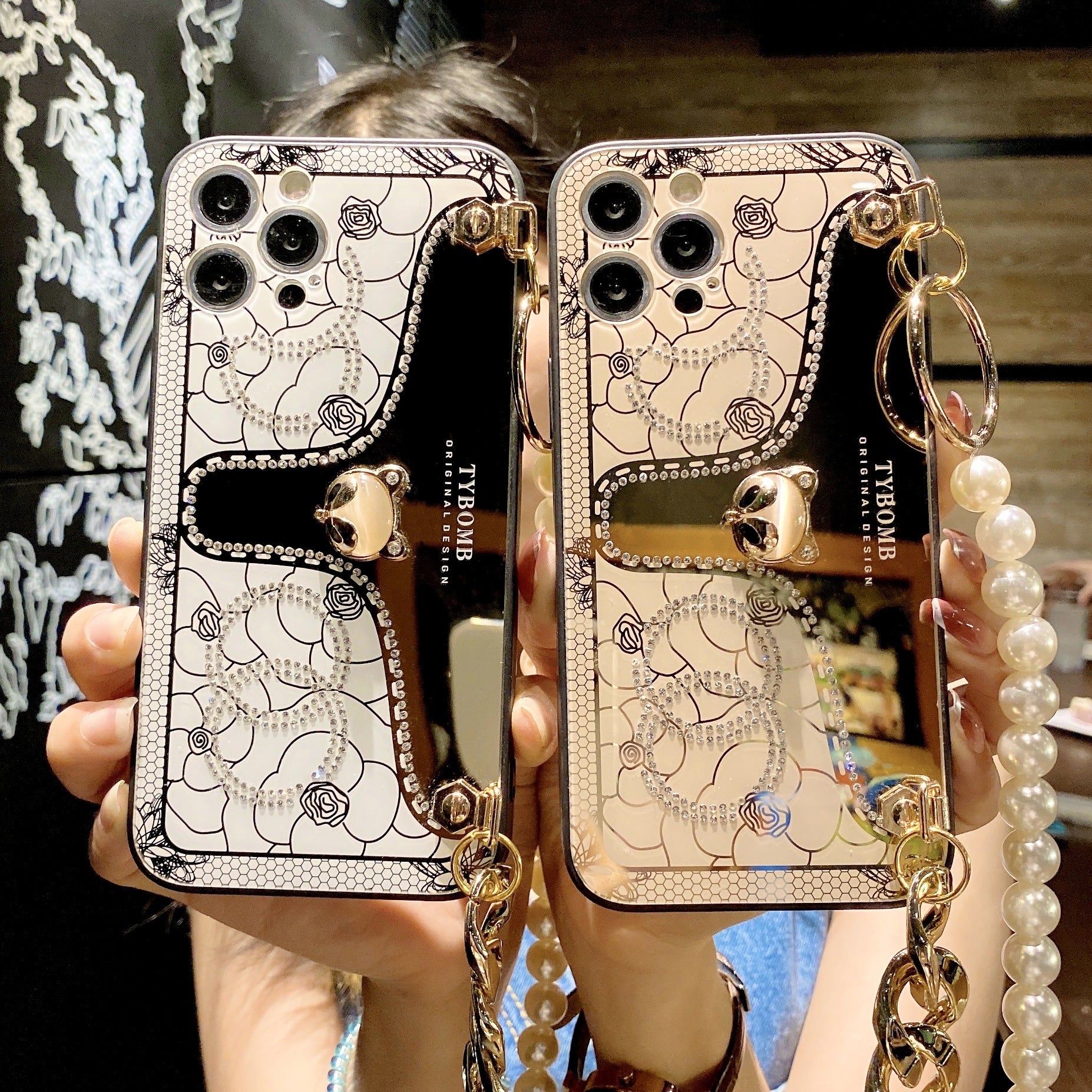 Chain Charming Fox Mirror With Diamond High Grade Mobile Phone Case